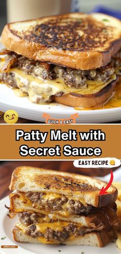 the patty melt with secret sauce sandwich is on a white plate