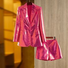 Color: Fuchsia, Size: XL Holographic Outfit, Blazer And Shorts Outfit, Pink Black Hair, Vintage Tweed Jacket, Blazer E Short, Hipster Skirt, Sequin Suit, Mode Rose, Party Mode