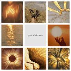 several pictures with the words god of the sun