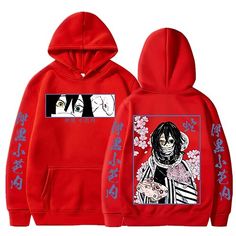 a red hoodie with anime characters on it