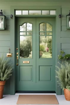 a green door with two potted plants on the side