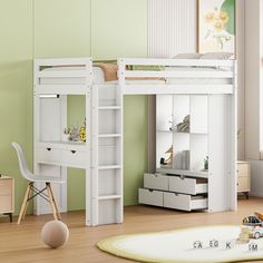 a white bunk bed sitting next to a desk and chair in a room with green walls