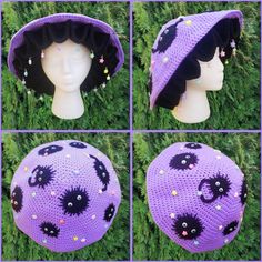 three pictures of a purple hat with black bats on it and sprinkles