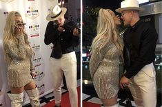 two photos of a man and woman kissing each other on the red carpet at an event