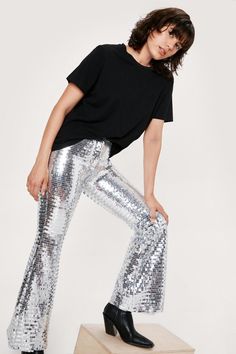 Premium Disco Sequin Flare | Nasty Gal Disco Pants Outfit, Hslot Outfit Ideas, Denim Jacket Style, Sequin Flare Pants, Sequin Pant, Metallic Pants, Sequin Pants, Sequin Outfit