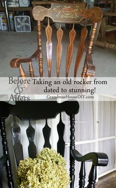 an old rocking chair has been painted black and gold with flowers in the bottom seat