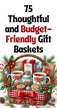 a basket full of coffee and cookies with the words 75 thoughtful and budget - friendly gift baskets