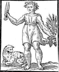 an old drawing of a man holding a knife and standing next to a dog with flowers