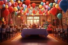 a room filled with lots of balloons floating from the ceiling