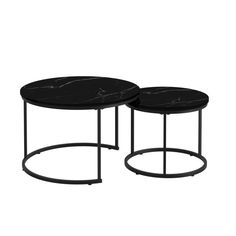 two tables with black marble top and metal bases