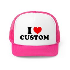 Introducing the I Love Custom Trucker Hat - the perfect accessory for any look! This custom trucker hat combines style and comfort with a trendy y2k design, making it the perfect gift for her. Stand out from the crowd and express your unique style with this one-of-a-kind trucker hat.Upon receiving your order, proof will be promptly sent to your email. Customizable Novelty Trucker Hat, Novelty Customizable Trucker Hat, Trendy Personalized Baseball Cap, Trendy Personalized Cap, Personalized Trucker Hat With Flat Bill, Personalized Trucker Baseball Cap, Pink Fun Trucker Hat With Flat Bill, Fun Pink Trucker Hat With Flat Bill, Customizable Novelty Trucker Hat As Gift