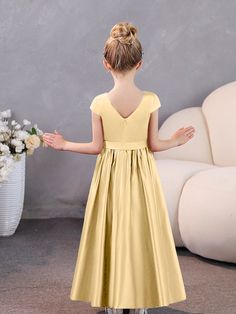 Short Sleeves Satin Junior Bridesmaid Dresses With Belt Belt Gold, Junior Bridesmaid Dresses, Junior Bridesmaid, Satin Material, Satin Dresses, Bridesmaid Dresses, Special Occasion, Short Sleeves, Sleek