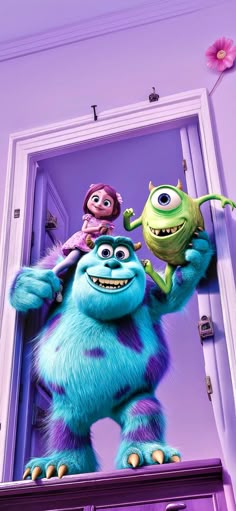 the monsters are standing in front of an open door