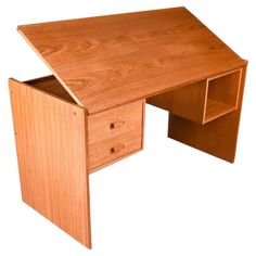 a wooden desk with two drawers on it's sides and one drawer open to show the contents