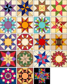 many different types of star quilts are shown in this image, each with different colors