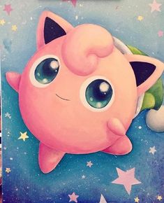 a painting of a pink cat with stars on it's chest and eyes, in front of a blue background