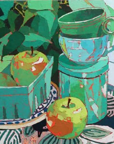 an oil painting of green apples on plates