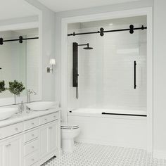 Elan 56 to 60 in. x 66 in. Frameless Sliding Tub Door in Clear/Matte Black with Clear Glass and Handle - Super Arbor Black Bathtub, Bathtub Doors, Bad Inspiration, Tub Doors, Geek Decor, Sliding Shower Door, Frameless Shower, Upstairs Bathrooms, Shower Door