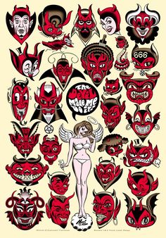 an image of various devil faces and demon heads