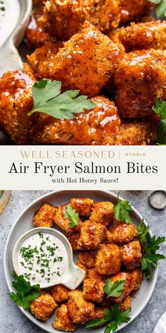 the cover of an air fryer salmon bites recipe