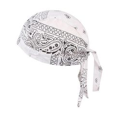 a white bandana hat with black and white designs on the brimmings