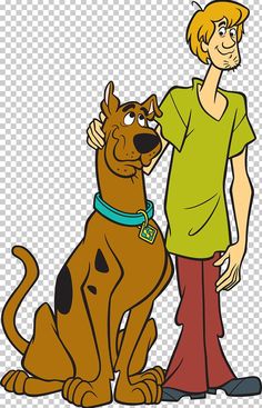 the scooch cartoon character is being petted by his owner, who also has a green shirt and red pants