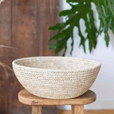 a large white bowl sitting on top of a wooden stool next to a potted plant