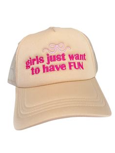 Need a trucker hat that's chic and quirky? Look no further! Our Girls Just Want to Have Fun Trucker Hat is perfect for those who don't take themselves too seriously. With a playful tone and fun word play, this hat is a must-have for any fashion-forward girl. Fun Summer Trucker Hat With Curved Bill, Playful Baseball Cap With Letter Print, Playful Letter Print Baseball Cap, Summer Trendy Trucker Hat With Curved Bill, Trendy Summer Trucker Hat With Curved Bill, Trendy Spring Trucker Hat With Flat Brim, Trendy Flat Brim Trucker Hat For Spring, Trendy Flat Brim Baseball Cap With Letter Print, Trendy Summer Trucker Hat With Letter Print