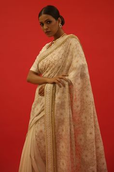 Ivory chanderi saree with mosaic jaal and resham applique hand embroidery. Comes with an unstitched blouse piece. - Aza Fashions Festive Beige Blouse Piece With Traditional Drape, Beige Semi-stitched Saree, Off White Traditional Wear With Zari Work For Reception, Traditional Pre-draped Cream Saree, Beige Pre-draped Saree, Traditional Off-white Choli With Resham Embroidery, White Pre-draped Saree With Zari Work, Beige Pre-draped Saree With Zari Work, Festive Cream Pre-draped Saree With Cutdana