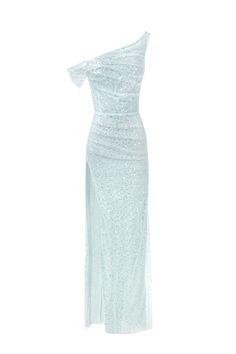 Semi-transparent shiny maxi dress in mint color. Cut from a semi-sheer lace covered in sequins, the design is made to a fluid silhouette and has a draped bodice, asymmetric straps, and a straight maxi skirt with a daring side slit. Details: Material: Lace with sequins Fabric composition: 100% polyester Sleeve style: Asymetrical straps Silhouette: Fitted Skirt length from waist: 42.5 inches / 108 cm Dress weight: 1.1 lbs / 0.5 kg Neckline: Draped, one-shoulder Back: Open-back Lining: Semi-transpa Straight Maxi Skirt, Milla Dresses, Dress Weights, American Fashion Designers, Silk Slip Dress, Dress Inspo, Feather Dress, Silk Slip, Sequin Fabric