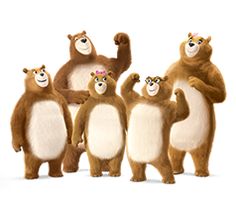 a group of brown and white bears standing next to each other on a white background