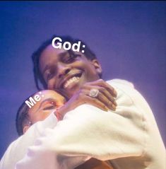 two people hugging each other with the words god above them