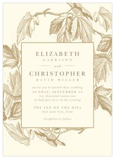 a wedding card with leaves on it and the words, elizabeth carron and christ topher