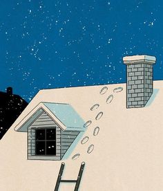 an illustration of a house on top of a snow covered hill with a ladder leading up to it