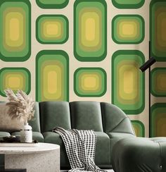 a living room with green and yellow wallpaper