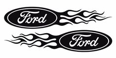 two black and white decals with the word ford in flames on each one side