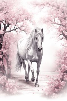 a white horse standing in the middle of a forest with pink flowers on it's trees