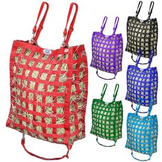 four different colored bags with handles and straps