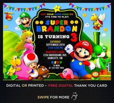 an image of a birthday party with mario bros and friends on it's card