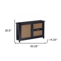 the sideboard has two baskets on it and is shown with measurements for each drawer