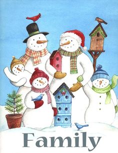 the family is standing in front of their snowman's house and birdhouse