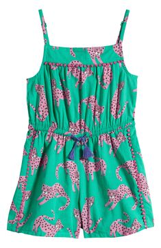 A tassel-tied drawstring waist cinches a comfy cotton romper printed with wild cats, topped with thin straps and edged in contrasting embroidered trim. Drawstring waist Cotton lining 100% cotton Machine wash, tumble dry Imported Vacation Romper, Girls Beach Dress, Boden Kids, Bright Outfits, Girls Applique, Boden Uk, Cotton Romper, Swim Fashion, Blue Paisley