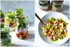 two pictures show different types of salads in mason jars, and the same photo shows what they are made from