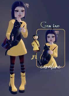 an animated woman holding a black cat in her arms and looking at the camera while standing next to a small doll