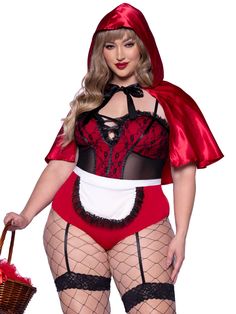 Plus Naughty Miss Red Riding Hood Costume Red Hood Costume, Red Riding Hood Costume, Plus Size Costume, Red Costume, Hooded Cape, Up Costumes, Costume Themes, Leg Avenue, Costume Collection