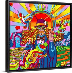 Canvas Art Print, Black Floating Frame entitled Hippie Musician 2022.  Multiple sizes available.  Primary colors within this image include Orange, Hot Pink, Yellow, Sky Blue.  Made in USA.  Satisfaction guaranteed.  Archival-quality UV-resistant inks.  Canvas is designed to prevent fading.  Canvases are stretched across a 1.5 inch thick wooden frame with easy-to-mount hanging hardware. Yellow Sky, Frame Wall Art, Frame Wall, Large Canvas Prints, Large Canvas, Wall Art For Home, Big Canvas Art, Big Canvas, Floating Frame