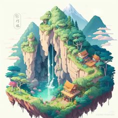 an illustration of a waterfall in the middle of a mountain with houses on it and trees around