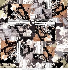 an abstract floral pattern in shades of brown, beige and white on a black background