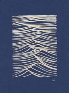 a blue background with white lines on it and an image of waves in the middle