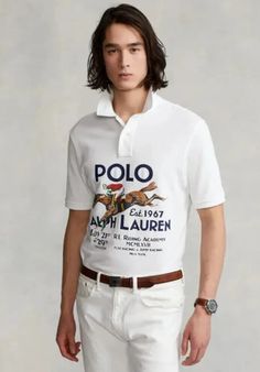 The Polo Ralph Lauren Printed Short Sleeve Polo Shirt is here to redefine your casual wardrobe. Classic fit. Ribbed polo collar. Two-button placket. Short sleeves with ribbed armbands. Graphic printed on the center-front. Tennis tail. 100% cotton. Machine washable. Imported. White Fitted Polo Shirt With Spread Collar, Classic Fitted Polo Shirt With Graphic Print, Classic White Polo Shirt, Lauren White, Knit Shirt, Polo Collar, Short Sleeve Polo, Mens Polo Shirts, Casual Wardrobe